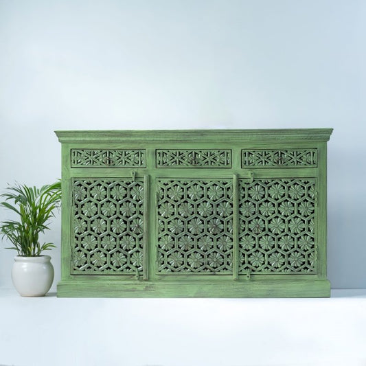 Hand Carved Light Green Sideboard Solid Base