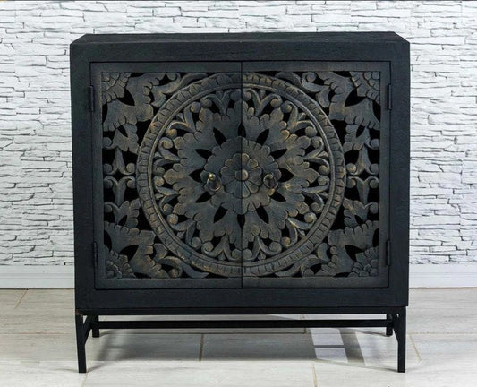 Mandala Carved Solid Wood Cabinet Indian Blackwash Small Sideboard