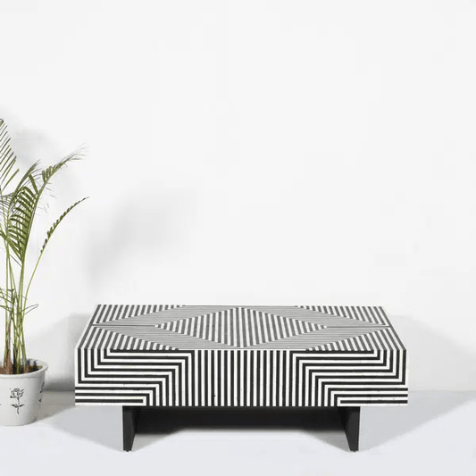 Monochrome Bone Inlay Coffee Table | Handmade Rectangle Stripe Black Center Table