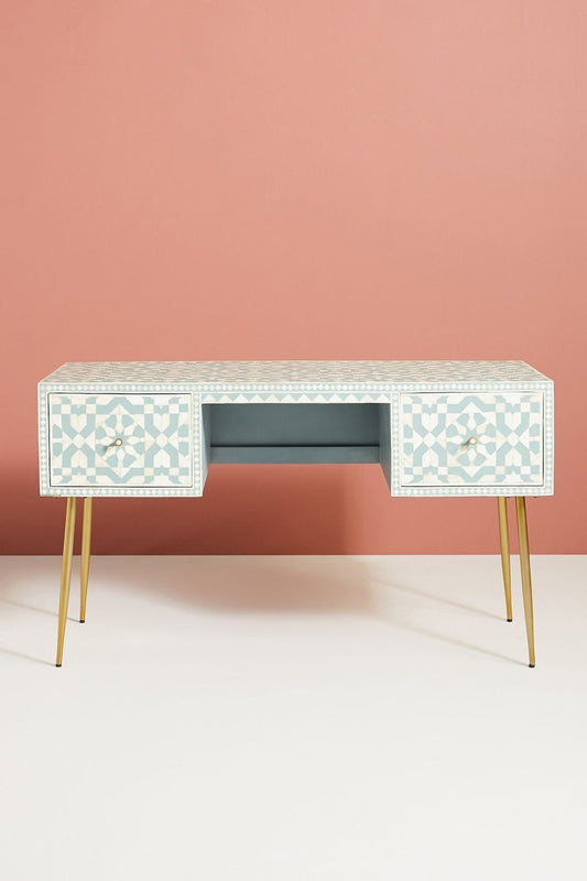 Moroccan Bone Inlay Work Desk Sky Blue | Handmade Laptop Desk with Two Drawers