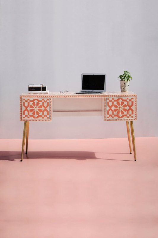 Moroccan Bone Inlay Work Desk with Storage in Orange | Luxury Laptop Desk with Two Drawers