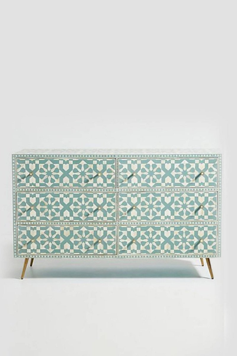 Moroccan Design Bone Inlay Six Drawers Dresser in Green Color | Custom Made Chest of Six Drawers