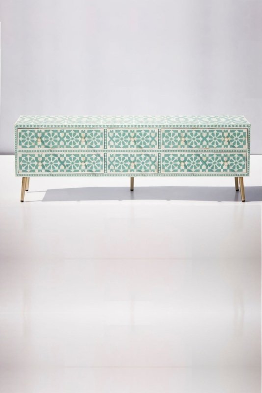 Moroccan Design Bone Inlay Six Drawers Dresser in Green | Luxury Bedroom Dresser | Storage Unit