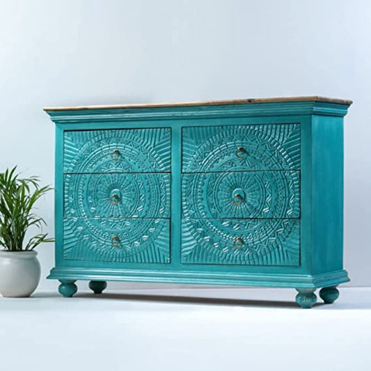 Sapphire Mandala Carved Chest of Drawers | Handmade  Six Drawers of Dresser