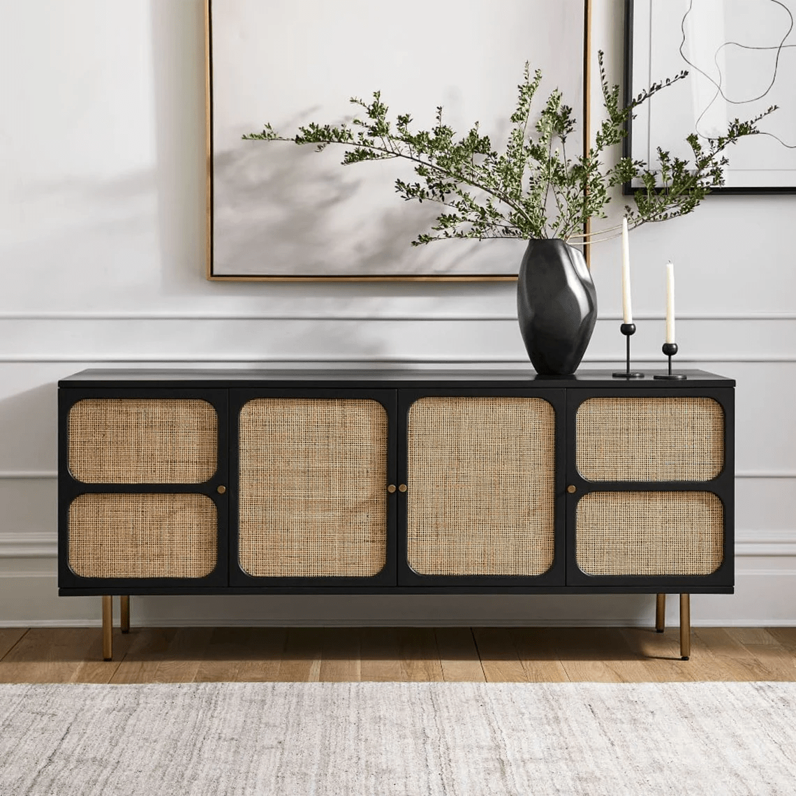 Solid Wood and Woven Black Media Console with Gold Metal Base | Indian Cane Furniture