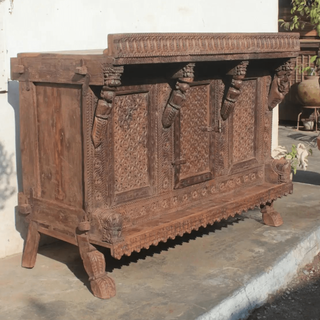 Vintage Indian Wooden Damchiya Dowry Sideboard Chest