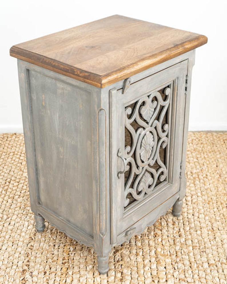 Wooden Hand Carved Nightstand  in Gray, Black & White Color | Handmade Bedside Table