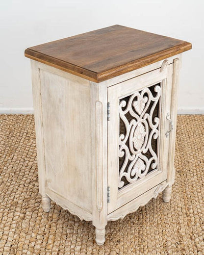 Wooden Hand Carved Nightstand  in Gray, Black & White Color | Handmade Bedside Table