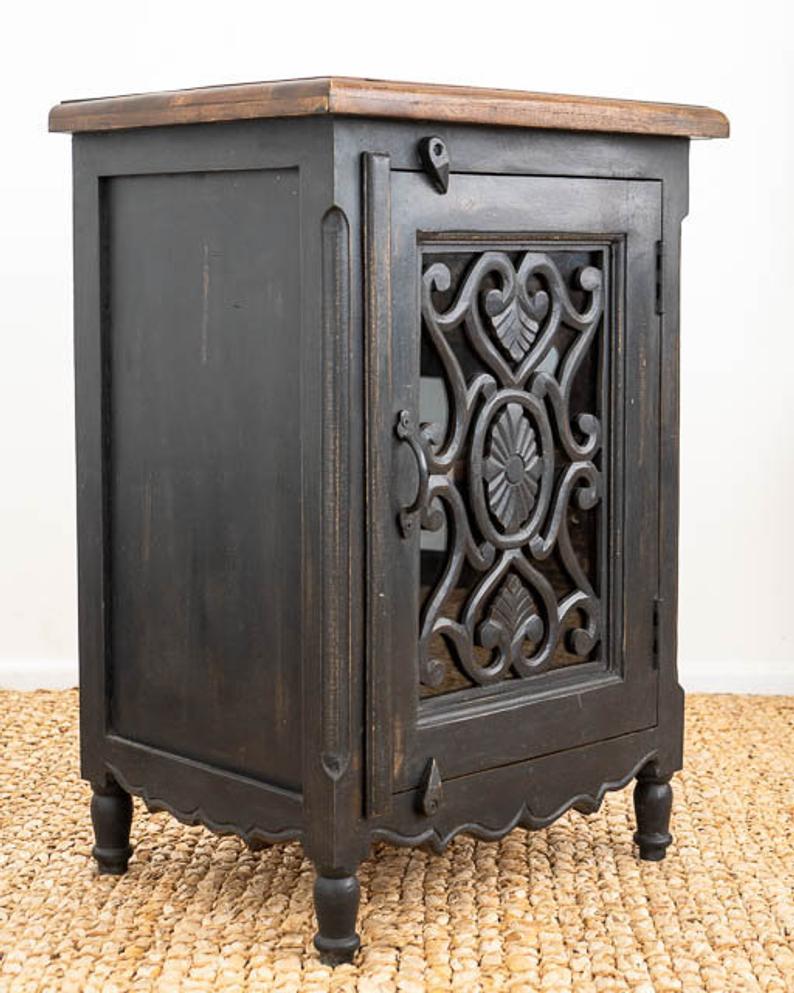 Wooden Hand Carved Nightstand  in Gray, Black & White Color | Handmade Bedside Table