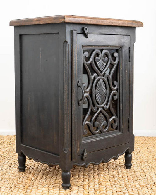 Wooden Hand Carved Nightstand  in Gray, Black & White Color | Handmade Bedside Table